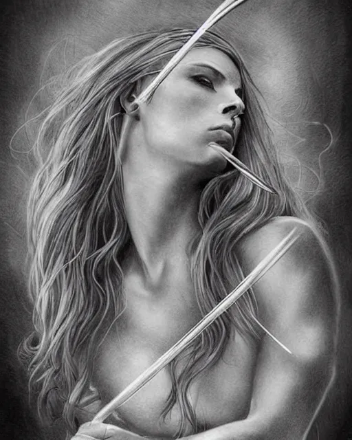 Prompt: tattoo sketch of beautiful greek goddess aphrodite holding a bow and arrow, arrowhead earrings, beautiful piercing eyes, flowing blonde hair, realistic face, hyper realistic, in the style of greg rutkowski, fantasy, amazing detail, epic, intricate, elegant, smooth, sharp focus
