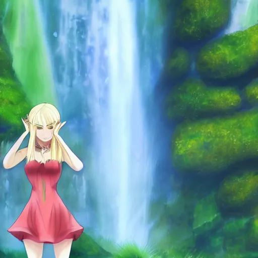 Prompt: beautiful young blonde-haired elf woman tucking her hair behind her ear and wearing a green dress in front of a waterfall, anime art, very very very very beautiful, 4k