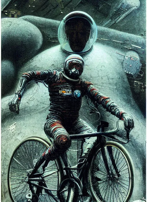 Prompt: portrat soviet cosmonavt on bike in the dirty cave, space travel, art by beksinski and stephan martiniere, japan poster, fatal, singularity