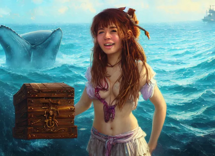 Prompt: wide view picture of a pirate girl, looking at the treasure box, hard breathing, messy hair, very excited, smiling, sparkling eyes, magic and fantasy, whale monsters, beautiful and aesthetic and attractive and detailed face, specular reflection, occlusion shadow, intricate, bokeh, masterpiece, by ilya kuvshinov and jeremy lipking and quentin mabille