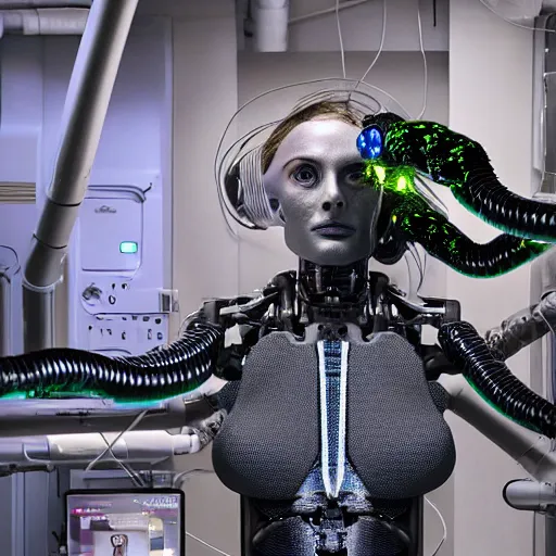 Image similar to the torso of fully a mechanical terminator lady with borg implants, human face and robotic snakes coming out of her head is hanging from cables and wires off the ceiling of an futuristic computer lab and plugged into a quantum computer. Her bottom half is missing with cables hanging out. She is taking a sip from a cup of coffee. Tiny green led lights in her cybernetics. very detailed 8k. Cyberpunk horror style.