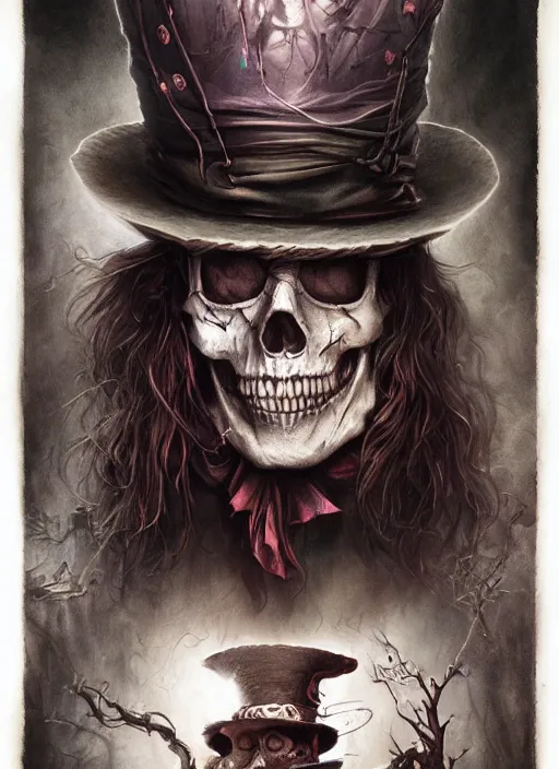 Image similar to Mad Hatter,Death Tarot card,highly detailed,half skull face,cinematic,8k,by Stanley Artgermm,Tom Bagshaw,Greg Rutkowski,Carne Griffiths, Ayami Kojima, Beksinski, Giger,Anne Stokes, Benjamin Lacombe,trending on DeviantArt,hyper detailed,horror, full of colour