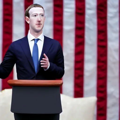 Image similar to mark zuckerberg as the president of the united states wearing a suit standing at the presidential podium