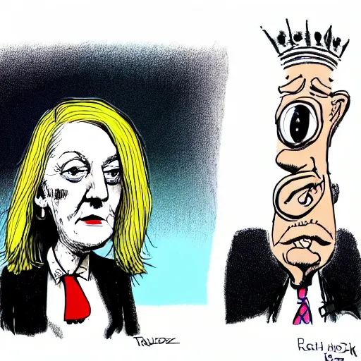 Image similar to Liz Truss looking sad, political cartoon, style of Ralph Steadman