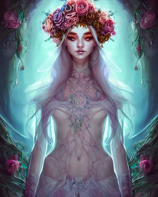 Image similar to digital art, centered full body elven bride, vivid flower crown ,intricate, veins, by James Jean and by artgerm, by ross tran , ultradetailed, charachter design, concept art, trending on artstation,