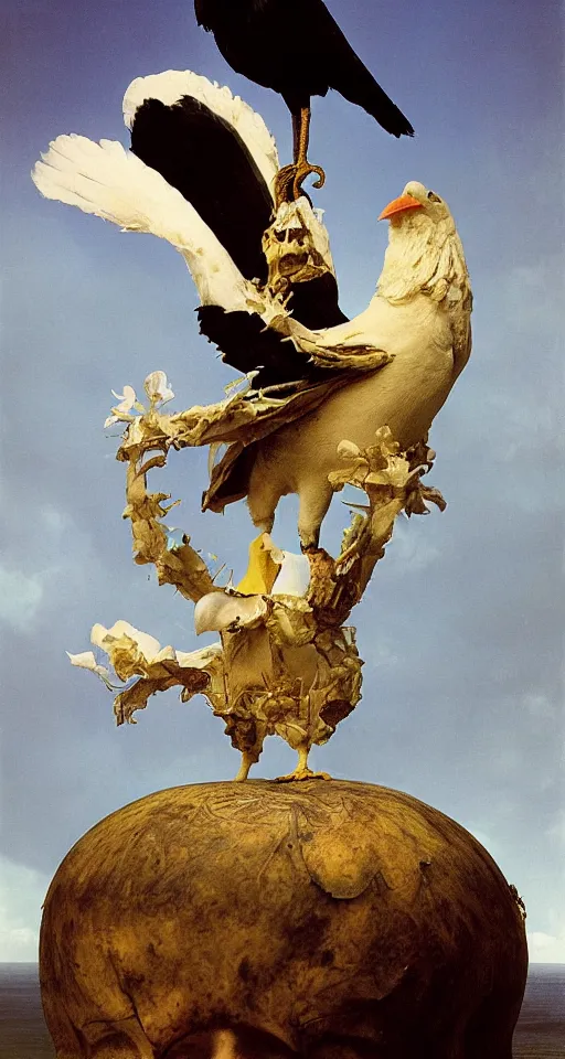 Image similar to photographic masterpiece of an albino raven standing on a golden skull with mexican pattens, annie leibovitz, frederic leighton, roger dean