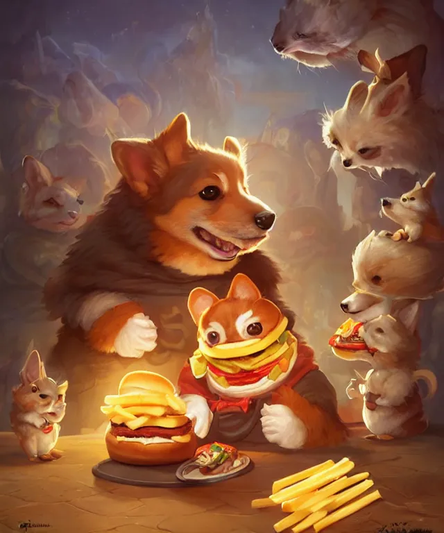 Prompt: a portrait of an anthropomorphic corgi cat eating hamburgers and fries, restaurant in background, cute and adorable, dnd character art portrait, well rendered matte fantasy painting, deviantart artstation, by jason felix by steve argyle by tyler jacobson by peter mohrbacher, cinematic lighting