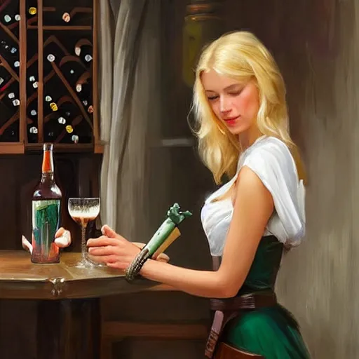 Image similar to ((Boba Fett)) and a beautiful young blonde drinking beer in a wine cellar, food, meat, schnapps, torches on the wall, romantic, inviting, cozy, painting by Vladimir Volegov