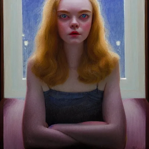 Image similar to Elle Fanning in the style of Paola Vetri, head and shoulders portrait, stormy weather, extremely detailed masterpiece, oil on canvas, low-key neon lighting, artstation, Beyond the Black Rainbow, Roger Deakin’s cinematography, by J. C. Leyendecker and Peter Paul Rubens and Edward Hopper and Michael Sowa,