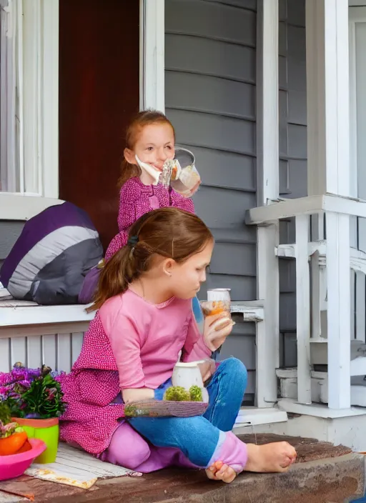 Image similar to girl sitting on porch eating porridge