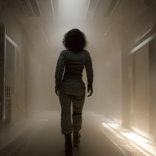 Prompt: ripley female protagonist walking through a tight corridor in the movie alien, exposed tubes, mysterious atmospheric lighting, matte painting, intricate, iridescent, volumetric lighting, beautiful, rich deep colours masterpiece, fog golden hour, golden ratio, sharp focus, ultra detailed, by leesha hannigan, ross tran, thierry doizon, kai carpenter, ignacio fernandez rios