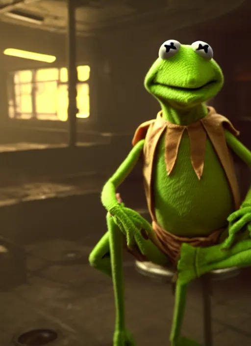 Image similar to kermit the frog in fallout 4, hq screen shot, octane render, cinematic lighting, sharp detail, 5 k