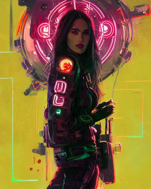 Image similar to detailed portrait Megan Fox Neon Operator Girl, cyberpunk futuristic neon, reflective puffy coat, decorated with traditional Japanese ornaments by Ismail inceoglu dragan bibin hans thoma greg rutkowski Alexandros Pyromallis Nekro Rene Maritte Illustrated, Perfect face, fine details, realistic shaded, fine-face, pretty face