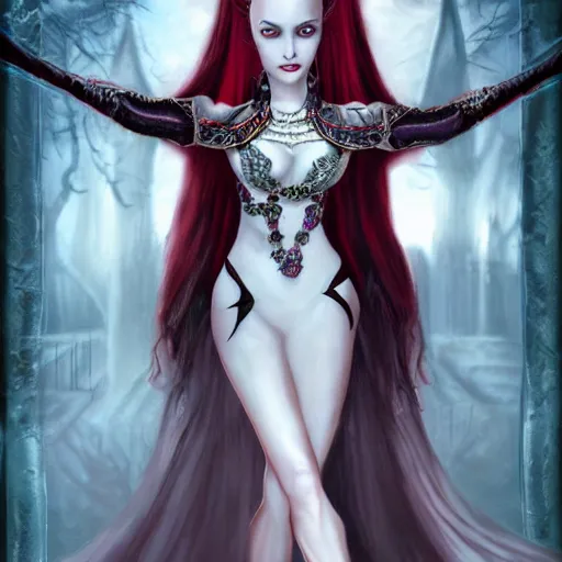 Prompt: elegant pale vampire girl beckons the viewer, by anne stokes, highly detailed, high resolution