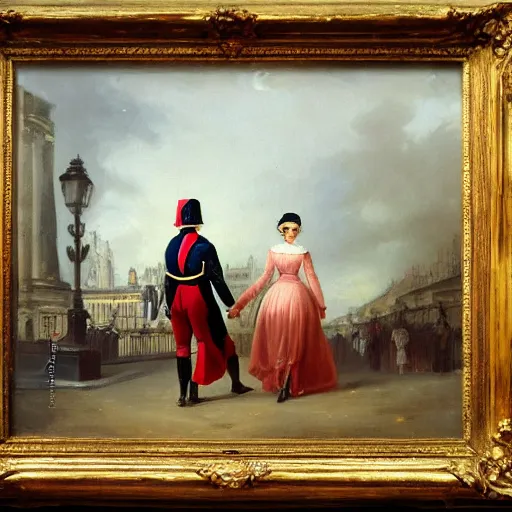 Image similar to an oil panting of a young napoleon with her girlfriend, walking in paris