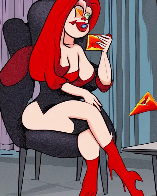 Image similar to Jessica Rabbit eating a bag of Doritos, sitting on a chair