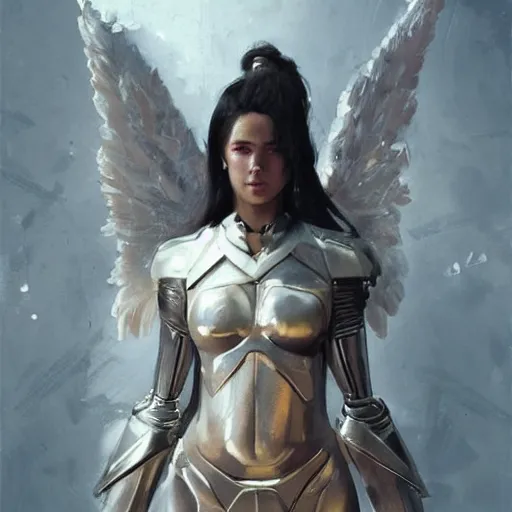 Image similar to angel in plastic armor, high fashion, pretty face, full body shot, well built, art by greg rutkowski