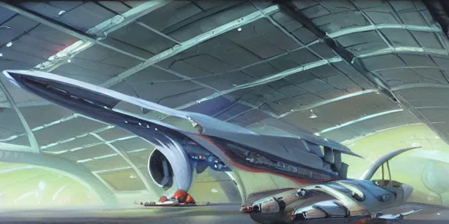 Image similar to a painting of a sci fi hangar, by jesper ejsing