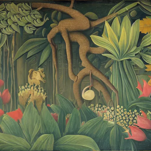 Image similar to fresco in naive art style by henri rousseau with dragon and lotuses, dark faded colors, highly detailed, unreal engine, photorealism