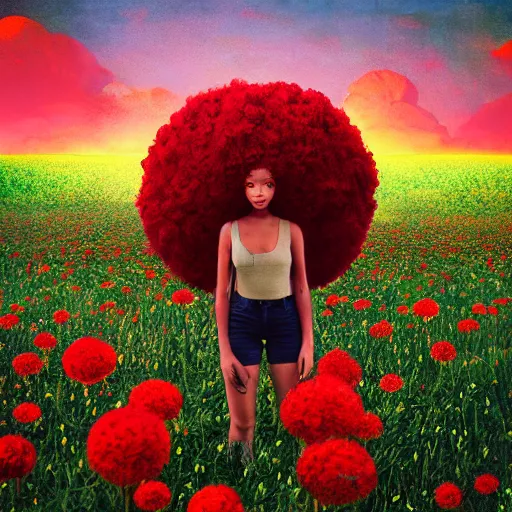 Prompt: giant red flower afro, full body, girl frontal in the middle of a field with flowers, surreal photography, hills, sunrise dramatic light, impressionist painting, colorful clouds, digital painting, pointillism, artstation, simon stalenhag