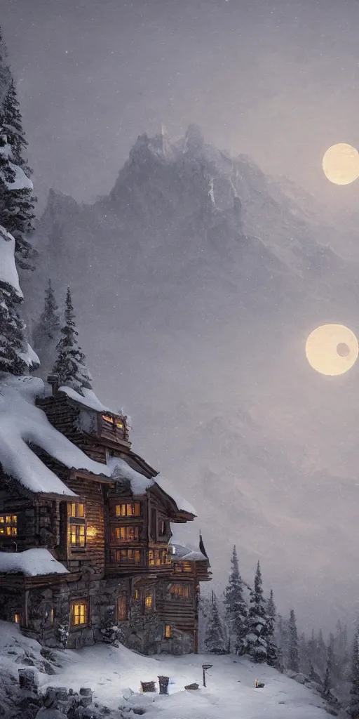 Prompt: a cabin castle on the top of a snowy mountain, crescent moon, greg rutkowski, 8 k, shallow depth of field, intricate detail, concept art,