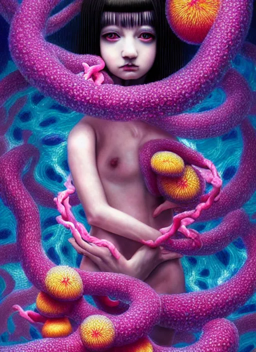 Image similar to hyper detailed 3d render like a Oil painting - kawaii action portrait Aurora (black haired Fae acrobat) seen Eating of the Strangling network of yellowcake aerochrome and milky Fruit and Her delicate Hands hold of gossamer polyp blossoms bring iridescent fungal flowers whose spores black the foolish stars by Jacek Yerka, Mariusz Lewandowski, Houdini algorithmic generative render, Abstract brush strokes, Masterpiece, Edward Hopper and James Gilleard, Zdzislaw Beksinski, Mark Ryden, Wolfgang Lettl, hints of Yayoi Kasuma, octane render, 8k