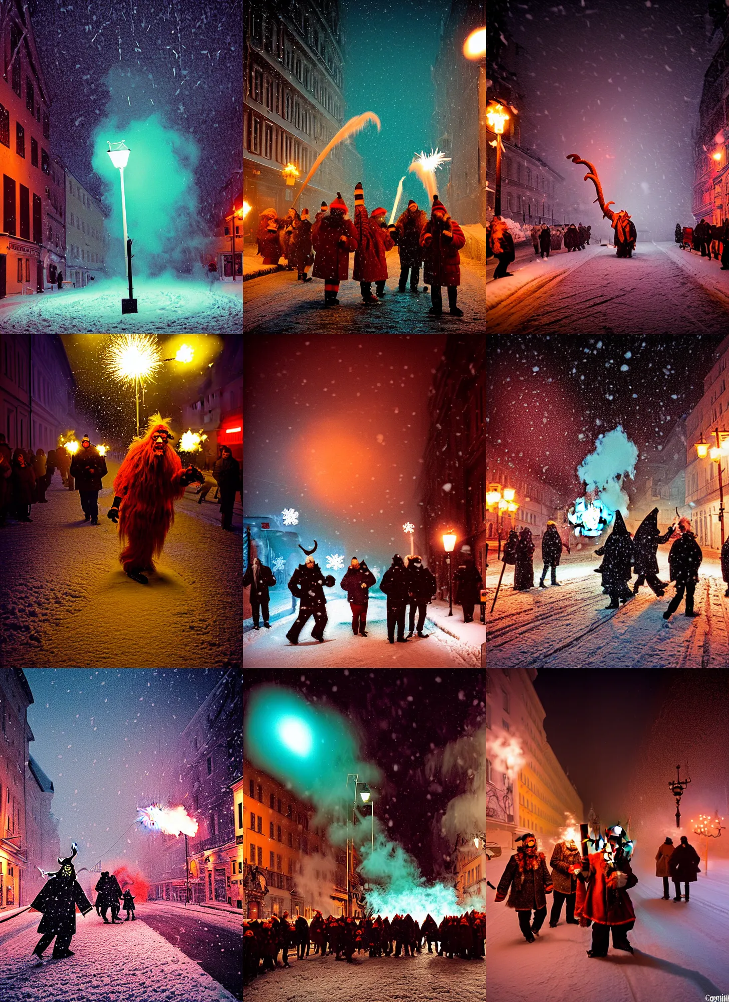 Image similar to kodak portra 4 0 0, winter, snowflakes, snowstorm, award winning dynamic photograph of a bunch of hazardous krampus by robert capas, in muted colours, striped orange and teal, motion blur, on a street in salzburg at night with colourful pyro fireworks and torches