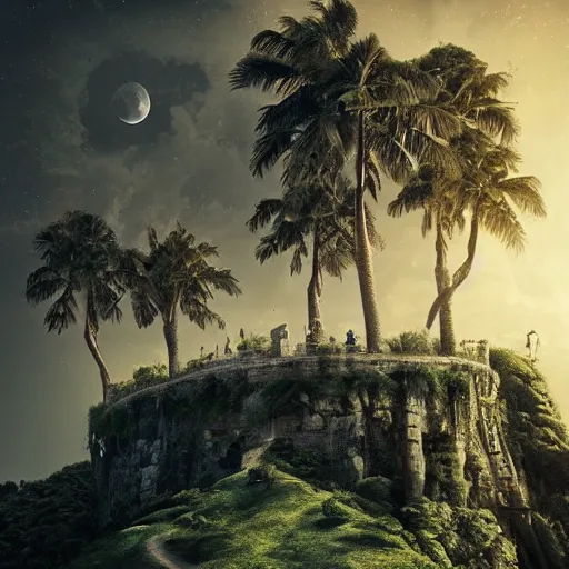 Image similar to a castle in the sky on a magical hill surrounded by giant palm trees, giant moon in the sky, cinematic, digital art by erik johansson, 8 k resolution, hyper detailed, sharp focus