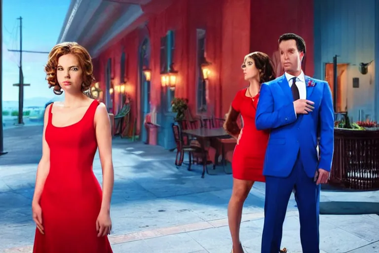 Image similar to full body film still of a man longingly looking at a distant woman in a red dress as a woman in a blue dress looks disgusted at the man in the new romance comedy movie, dramatic angle, dramatic lighting