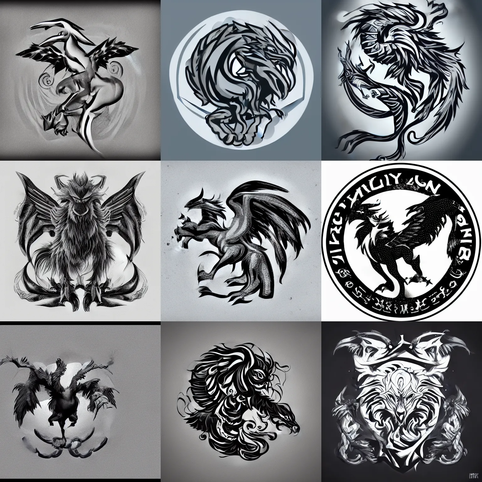 Prompt: mythical creature, griffin-like style, 2d solid shape logo, clean and neat, black and white color only