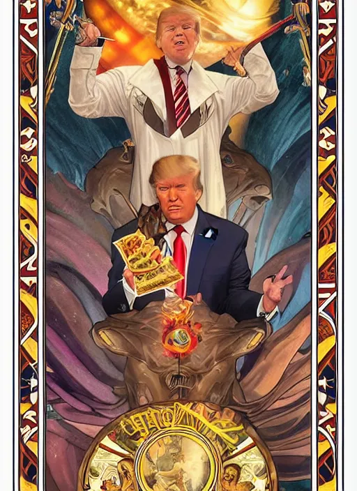 Prompt: a donald trump tarot card featuring hamburger imagery, king of swords, designed by alfons mucha and greg rutkowski and artgerm, 4k, intricate detailing, fast food motifs