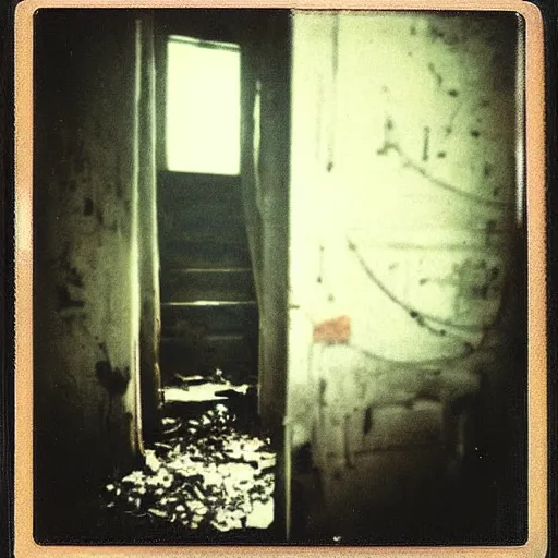 Prompt: the interior of a dark abandoned house with a creepy pale face at the top of a dark stairwell, old polaroid, blurry photo, expired film,