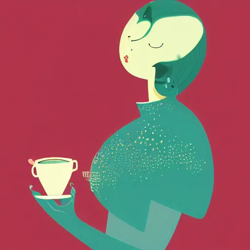 Prompt: illustration of a girl having a cup of coffee, happy feeling, waking up, by malika favre and victo ngai