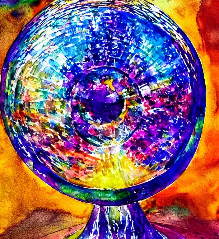 Image similar to a 1988 watercolor and ink and acrylic pour illustration of an intricate and faceted crystal ball with a world inside of it + impasto + dissolving in to light + prism + god rays + dramatic lightning + backlit + specular + caustics