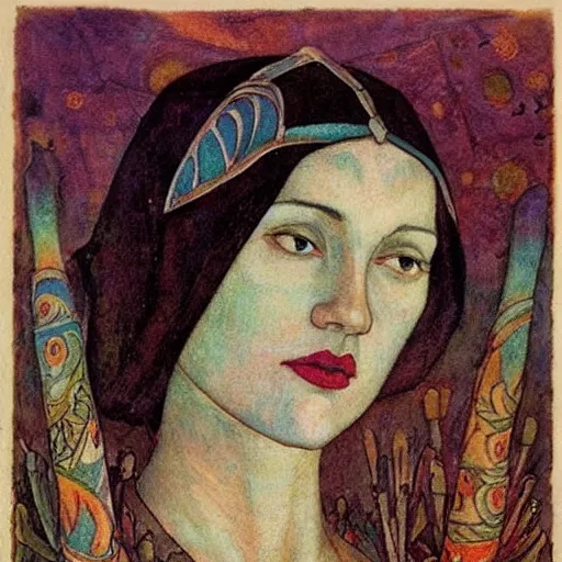 Image similar to the lantern crown, by Annie Swynnerton!!!! and Nicholas Roerich! and (Edmund Dulac) and ((((Diego Rivera)))), tattoos, elaborate costume, geometric ornament, symbolist, rich colors, dramatic lighting, smooth, sharp focus, extremely detailed