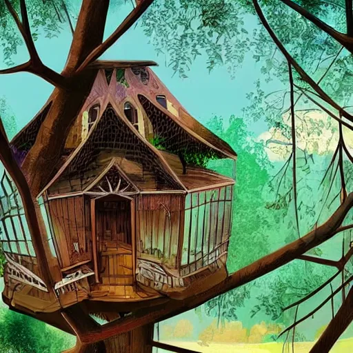 Prompt: architecture office in a tree house, incredible details, digital illustration, vibrant, beautiful, elegant, calm, serene, sunny day