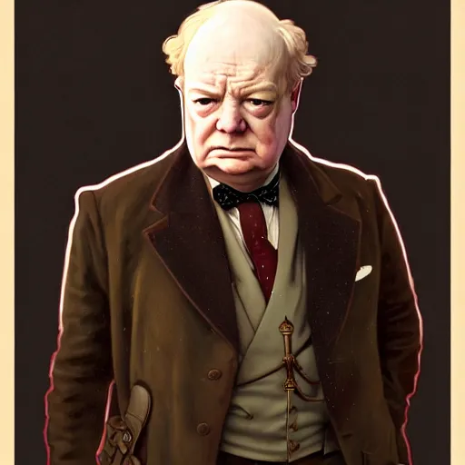 Image similar to full portrait of patton oawalt as winston churchill, fantasy, d & d, intricate, detailed, by by alphonse mucha, adolfo hohenstein, alice russell glenny, stanley artgerm lau, greg rutkowski, detailed, trending on artstation, trending on artstation, smooth