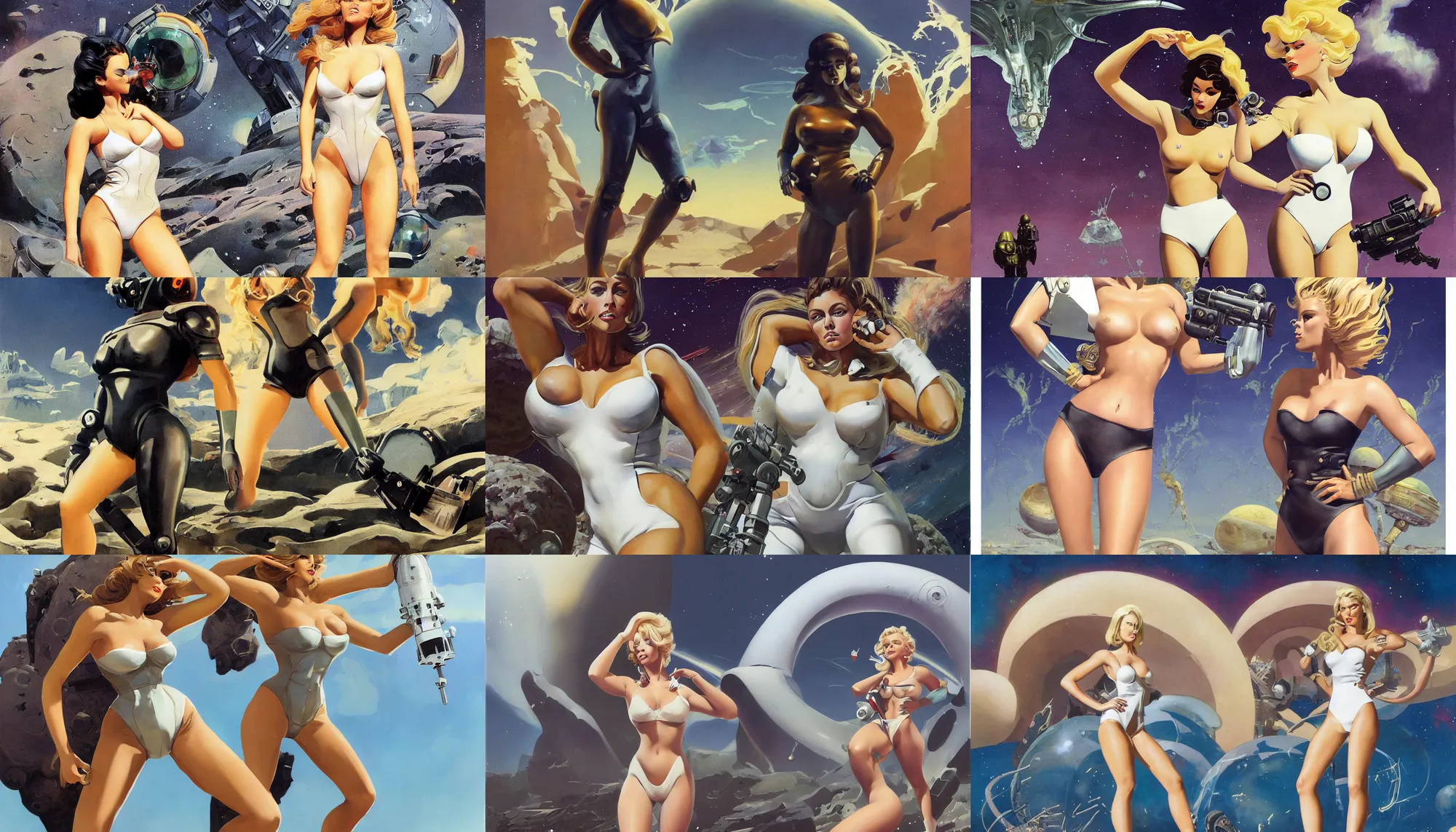 Image similar to A mixed media portrait painting of a beautiful blonde brunette woman exploring an alien planet, very curvy, aesthetic! high-waisted white-bikini-armor and boots, holding raygun, aesthetic symmetrical face and eyes, model, Scandinavian, wet, discarded mechsuit in background, by Frank Frazetta, Boris Vallejo, Beeple, Greg Rutkowski, Christian MacNevin, eighties-pinup style, epic fantasy character art, high fantasy, CGsociety, exquisite detail, post-processing, masterpiece, cinematic