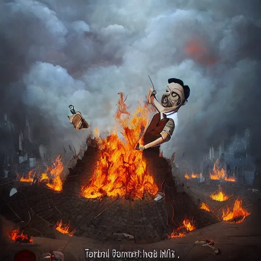 Prompt: a high quality apocalyptic painting of brussels burning in fire while olli rehn cries and viktor orban laughs maniacally in style of salvador dali, trending on artstation