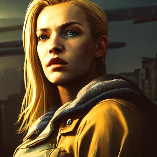 Image similar to fallout 5, charismatic beautiful rugged blonde female protagonist, portrait, outdoors ruined cityscape, atmospheric lighting, painted, intricate, volumetric lighting, beautiful, daytime, slight overcast weather, sharp focus, deep colours, golden hour, ultra detailed, by leesha hannigan, ross tran, thierry doizon, kai carpenter, ignacio fernandez rios