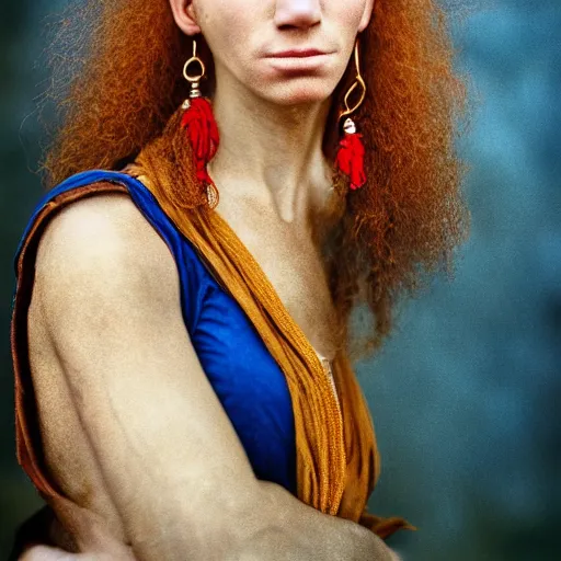 Prompt: Extremely detailed photo realistic matte portrait painting of winking 15th Century Barbary Coast pirate Woman with Ginger hair and Golden hooped earrings photography by Steve McCurry