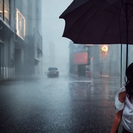 Prompt: a beautiful photo of a young woman in a white shirt in the rain outside in the street in a cyberpunk city