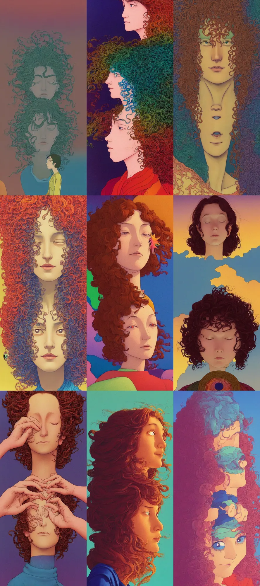 Prompt: a colorful vibrant closeup portrait of a simple caucasian woman with curly mid length brown hair with a calm afraid aesthetic face howls moving castle and dreaming psychedelic hair, by kawase hasui, moebius, edward hopper and james gilleard, zdzislaw beksinski, steven outram colorful flat surreal design, hd, 8 k, artstation