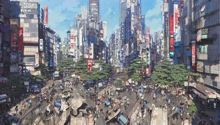 Image similar to shibuya tokyo on a beautiful day, trending on pixiv fanbox, painted by greg rutkowski makoto shinkai takashi takeuchi studio ghibli