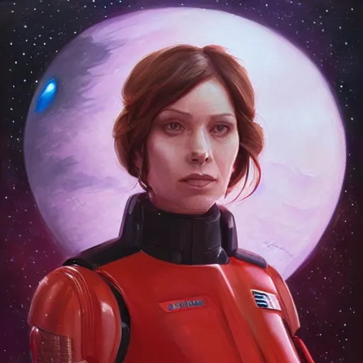 Prompt: a portrait of a woman in a star wars uniform, a detailed painting by magali villeneuve, trending on cg society, space art, official art, detailed painting, concept art