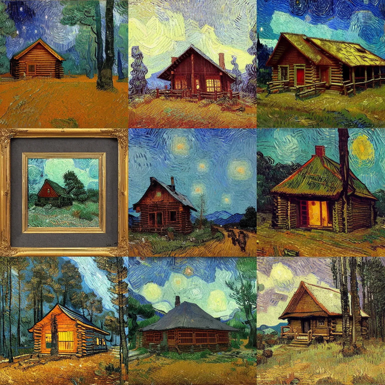 Prompt: [ a log cabin in the forest ] [ van gogh ] [ greg rutkowski ]