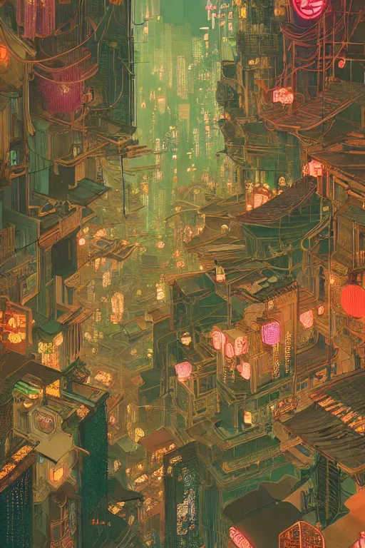 Prompt: a beautiful hyperdetailed matte illustration victo ngai cyberpunk style of absolutely beautiful cyberpunk town, from china, perfectly shaded, atmospheric lighting, style of studio ghibli, makoto shinkai, raphael lacoste, louis comfort tiffany, artgerm, james jean, ross tran, chinese style