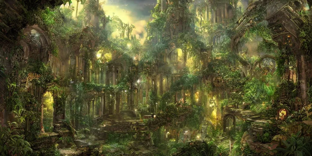 Image similar to ancient magical overgrown ruins, mysetrious etherial mesmerizing atmosphere, beautiful lighting, childhood wonder and nostalgia, extremely intricate, hyper detailed, hd, legend of zelda, masterpiece