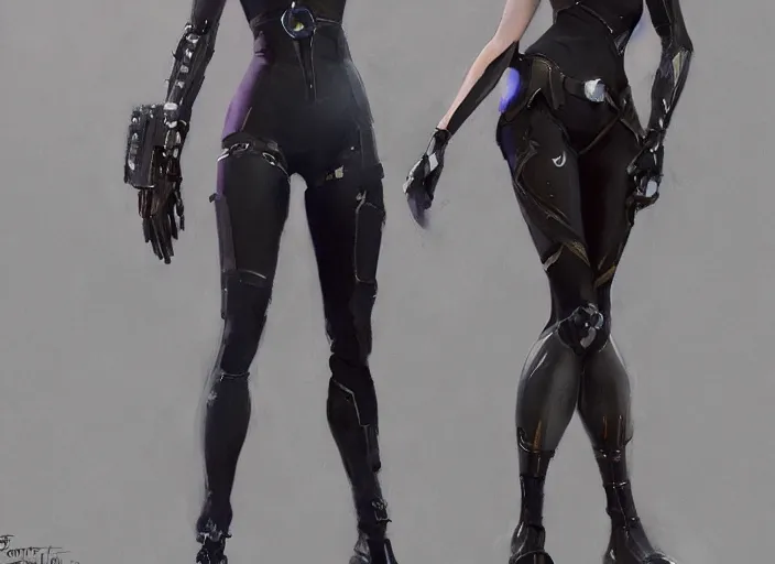 Image similar to a highly detailed beautiful portrait of tracer from overwatch as 2 b nier automata wearing a skintight suit, concept art, by gregory manchess, james gurney, james jean