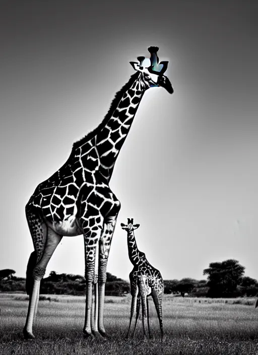 Image similar to two giraffe black and white portrait white sky in background